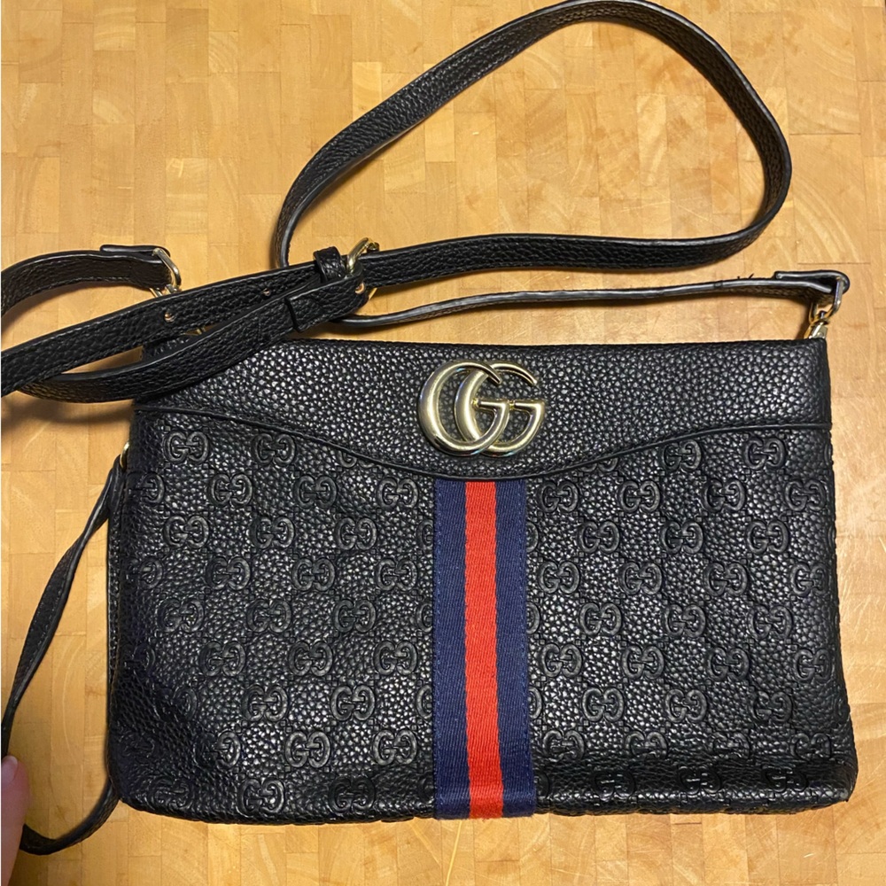 Black Crossbody Bag with Red and Blue Stripe